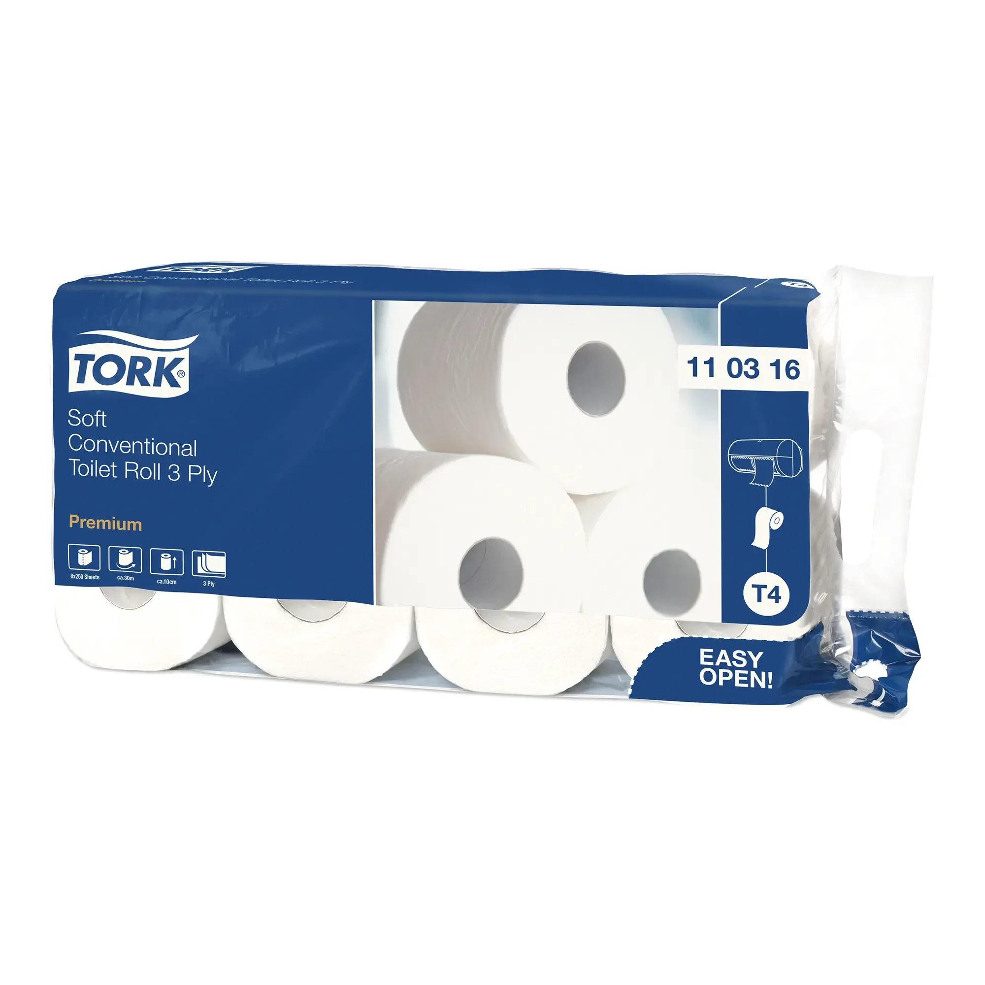 Tork 110316 Papier toaletowy Premium extra soft małe rolki T4 3-warstwowy 250 listków - 1 opakowanie = 72 rolki
